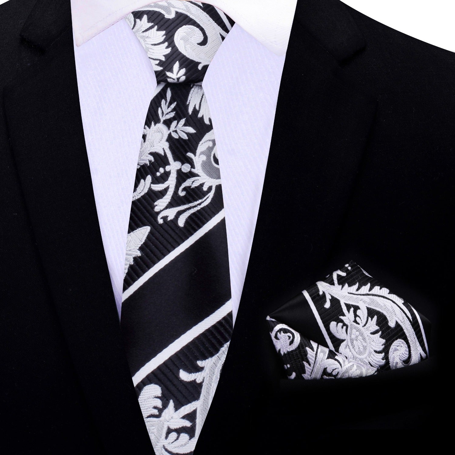 Thin Black, White Floral Paisley Necktie and Square