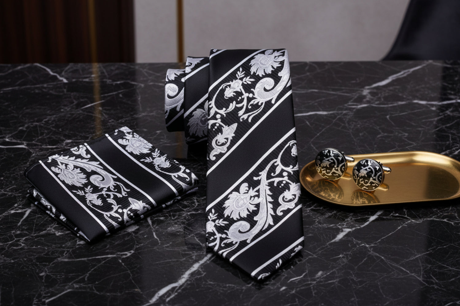 Alt Black, White Floral Paisley Necktie and Square