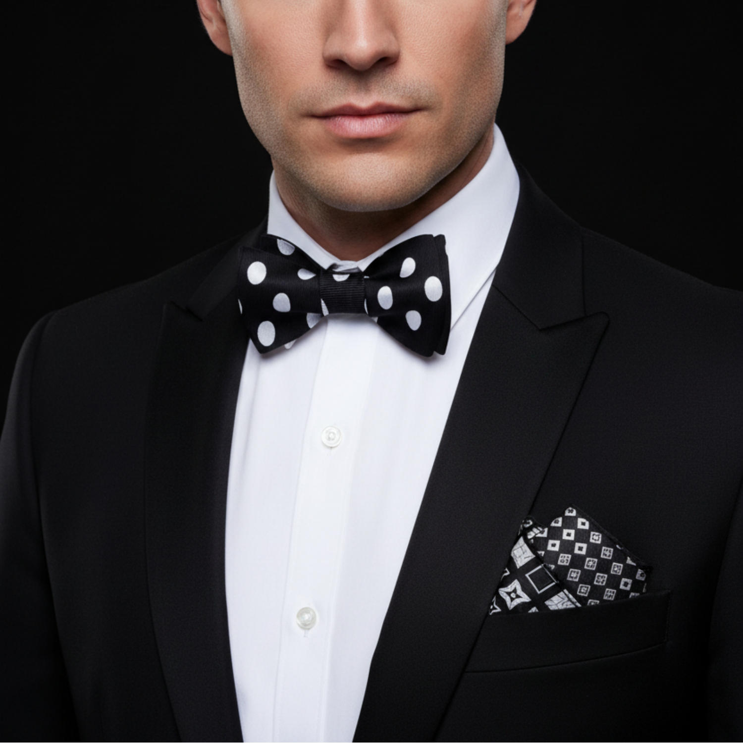 Man wearing a black tuxedo with a white shirt, black bow tie with white polka dots, and patterned pocket square on a black background.