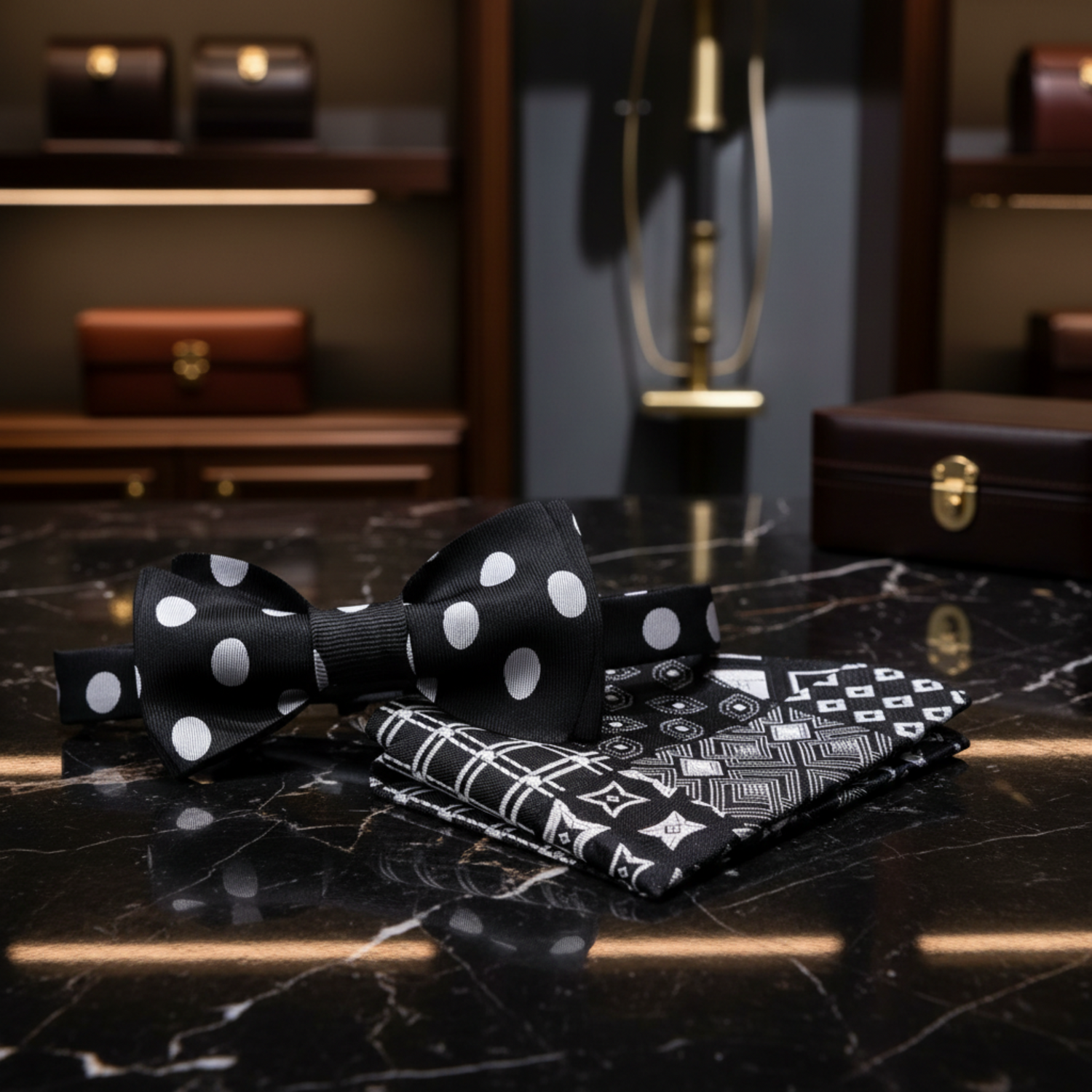 Black, Light Grey Polka Bow Tie and Accenting Pocket Square