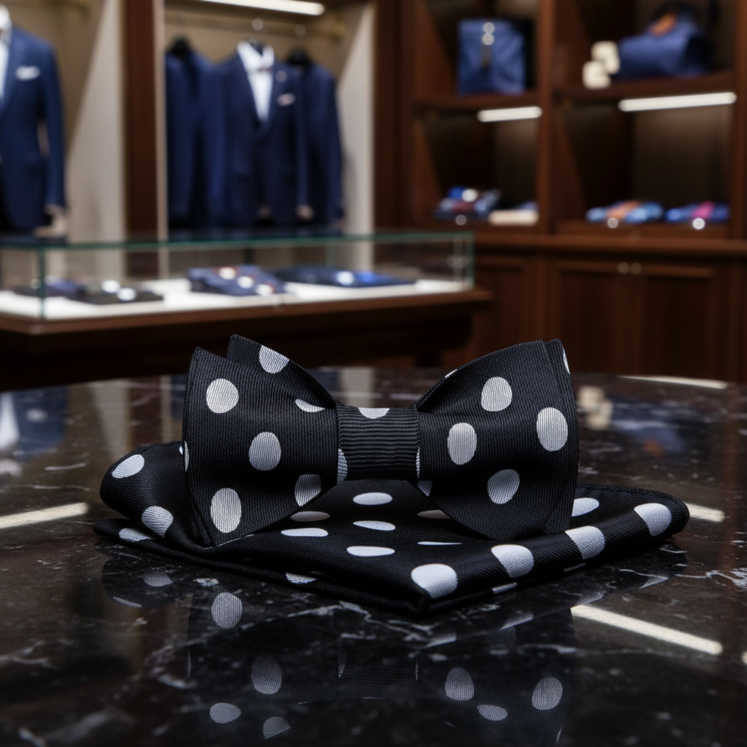 Black, Light Grey Polka Bow Tie and Pocket Square