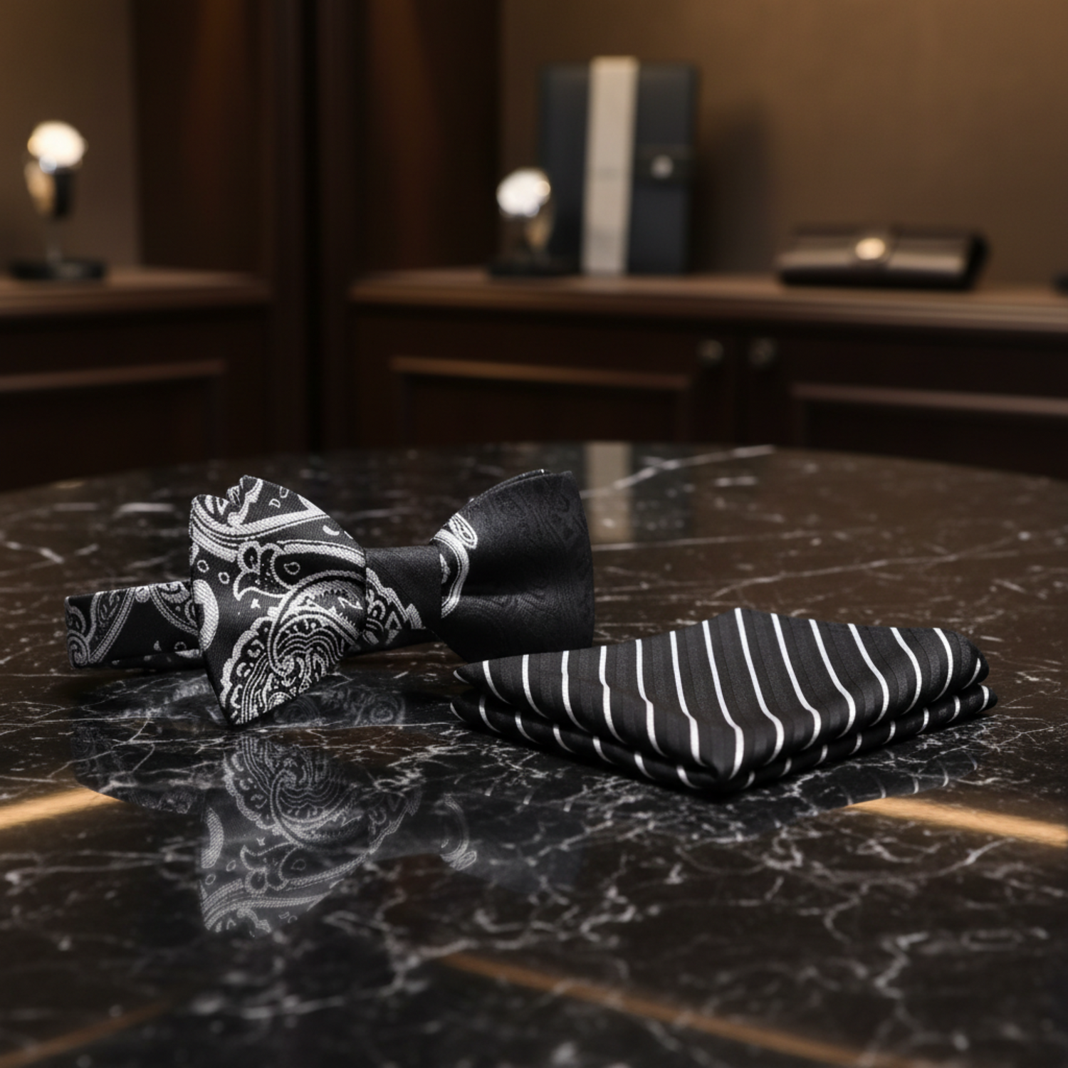 Black, Light Grey Paisley Bow Tie and Accenting Square