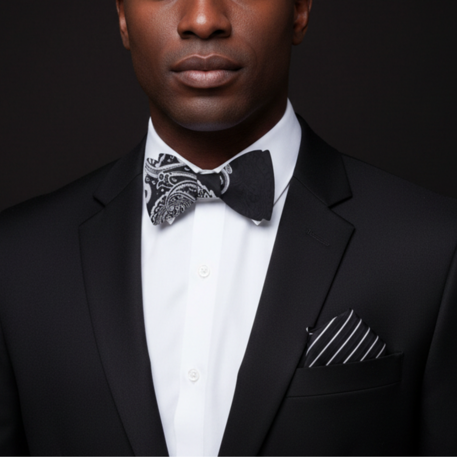 Man wearing a black suit with a white shirt and bow tie on a dark background