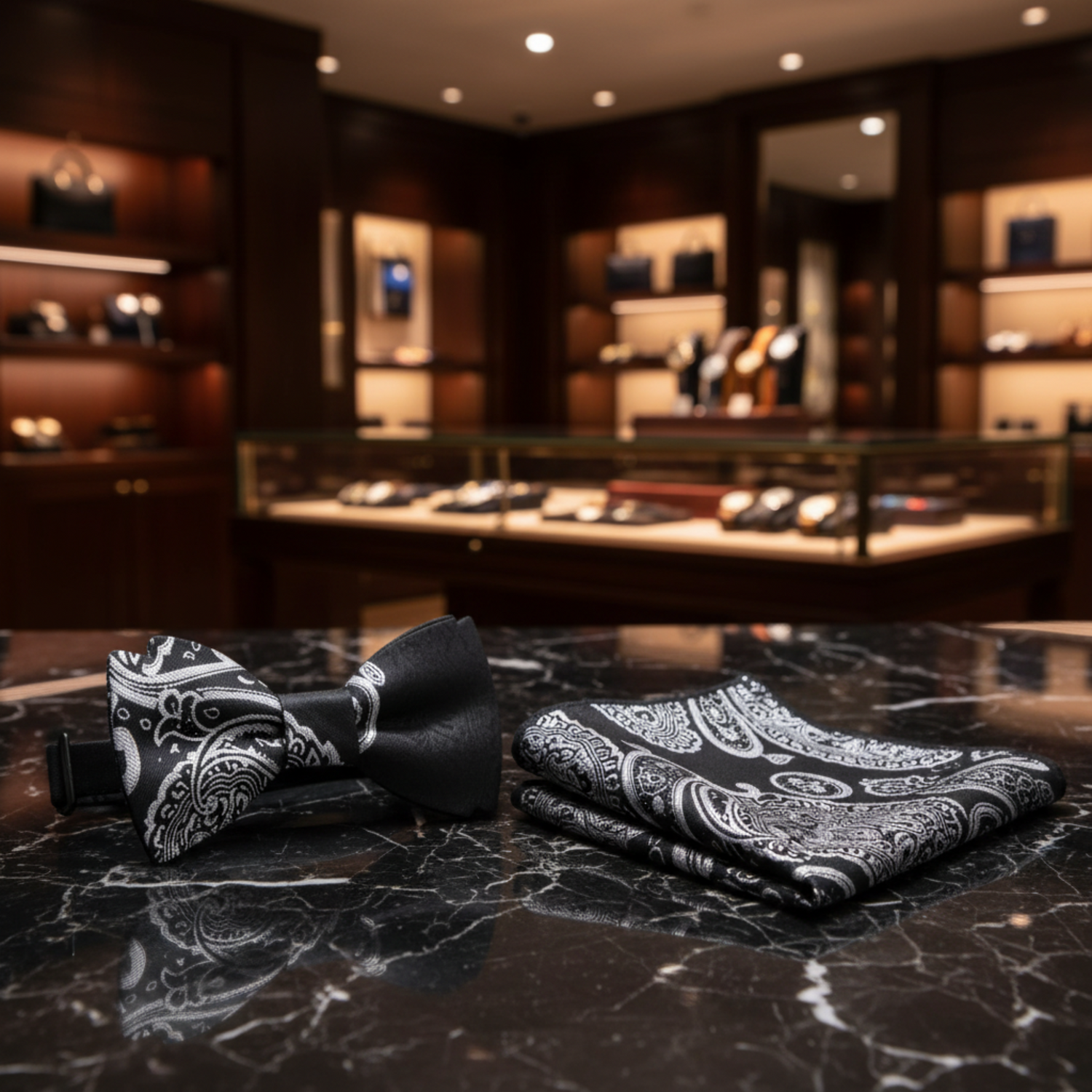 Black, Light Grey Paisley Bow Tie and Matching Square