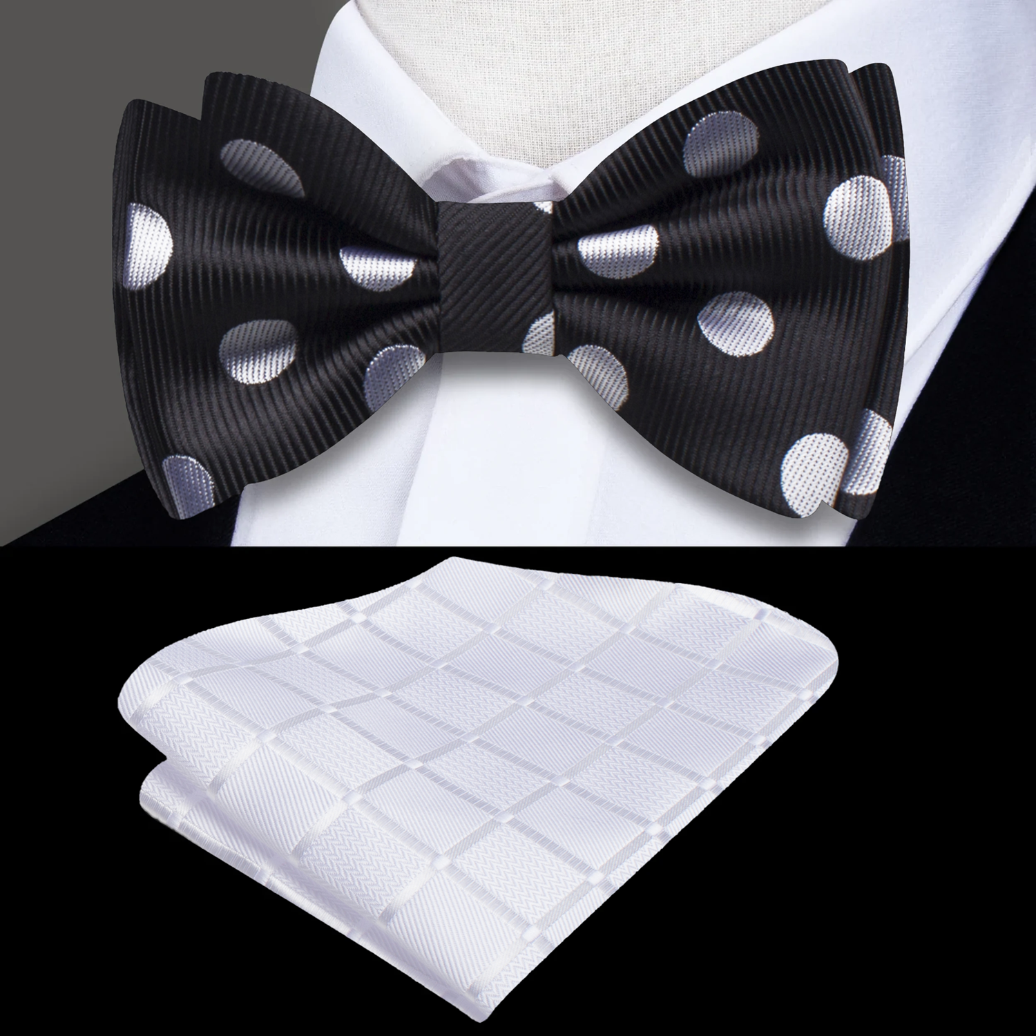 Black and Light Grey Polka Bow Tie and White Pocket Square