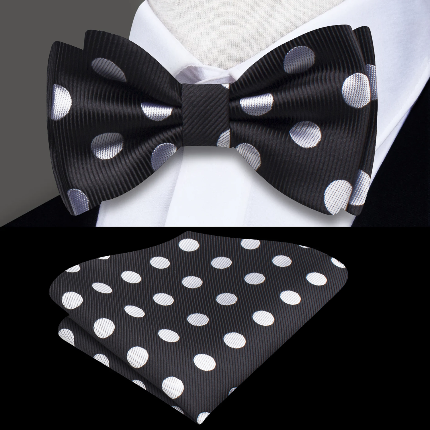 Black and Light Grey Polka Bow Tie and Pocket Square