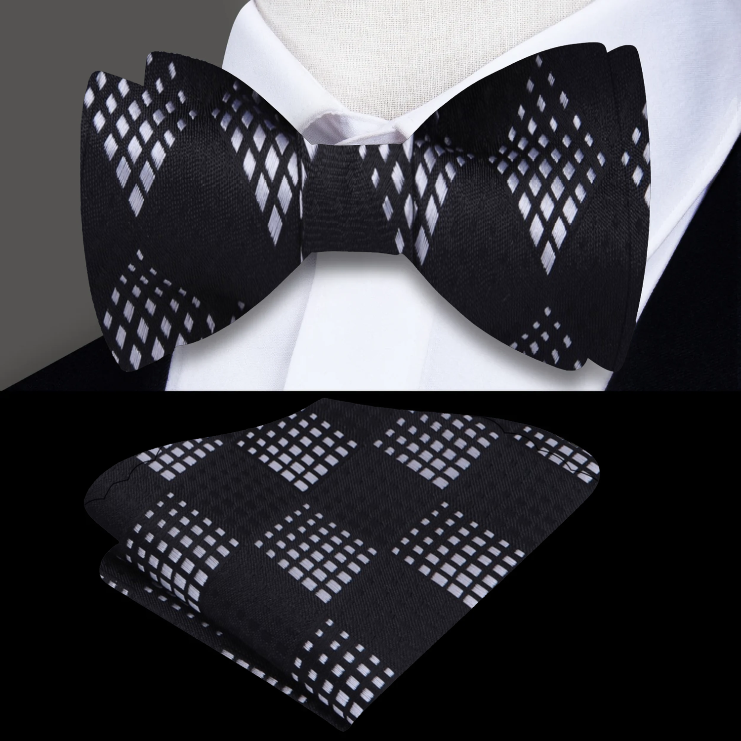 A set consisting of a self-tie bow tie and a matching pocket square, featuring a geometric pattern in black and light silver tones, displayed on a white background.