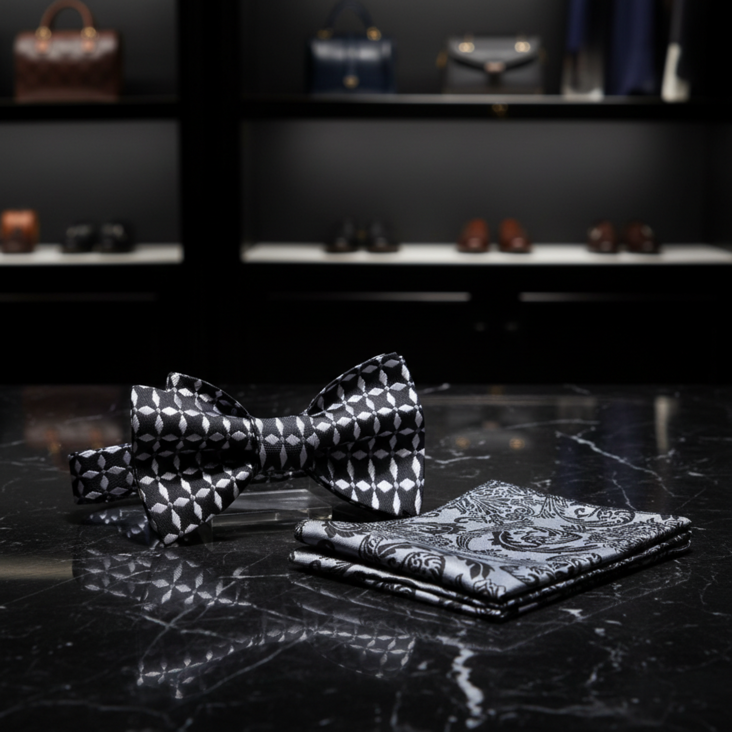 Black, Light Grey Geometric Bow Tie and Accenting Grey Black Square