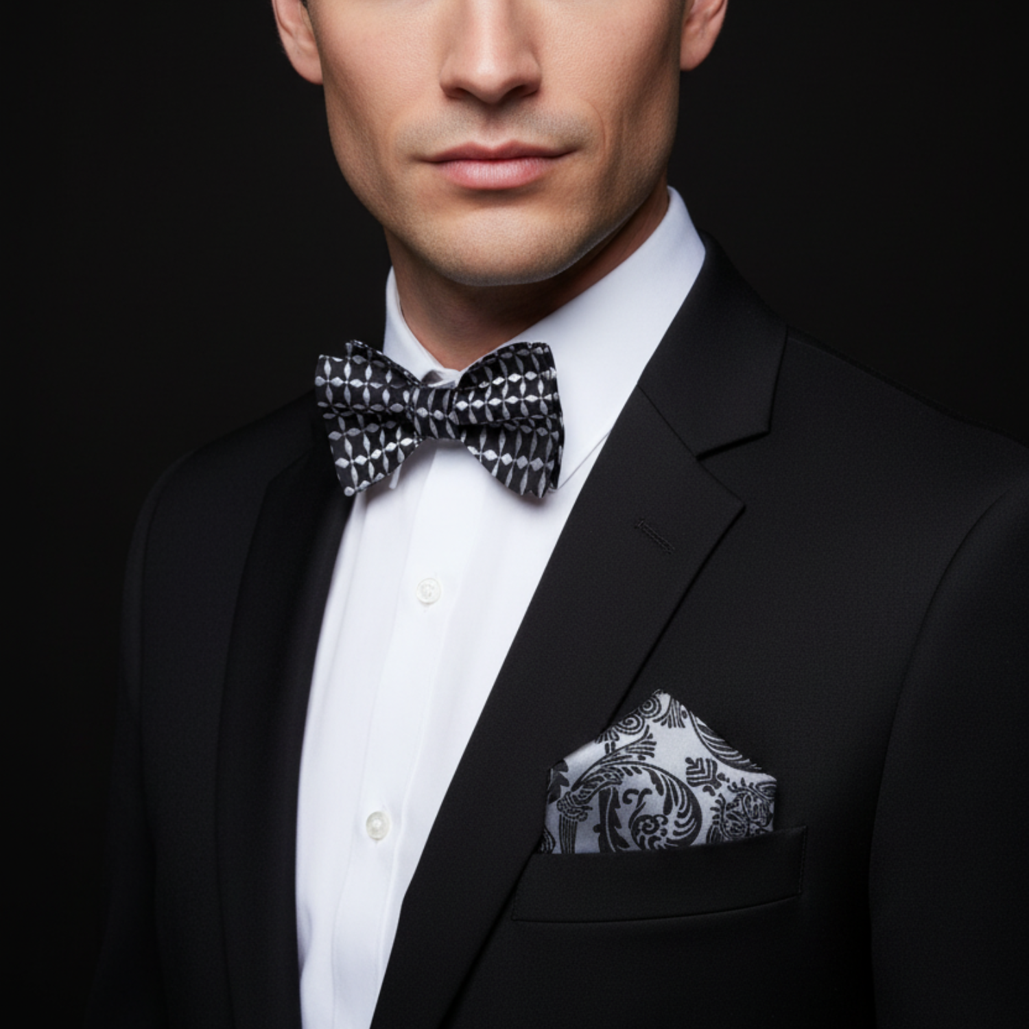 Man wearing a black suit with a patterned bow tie and pocket square on a dark background