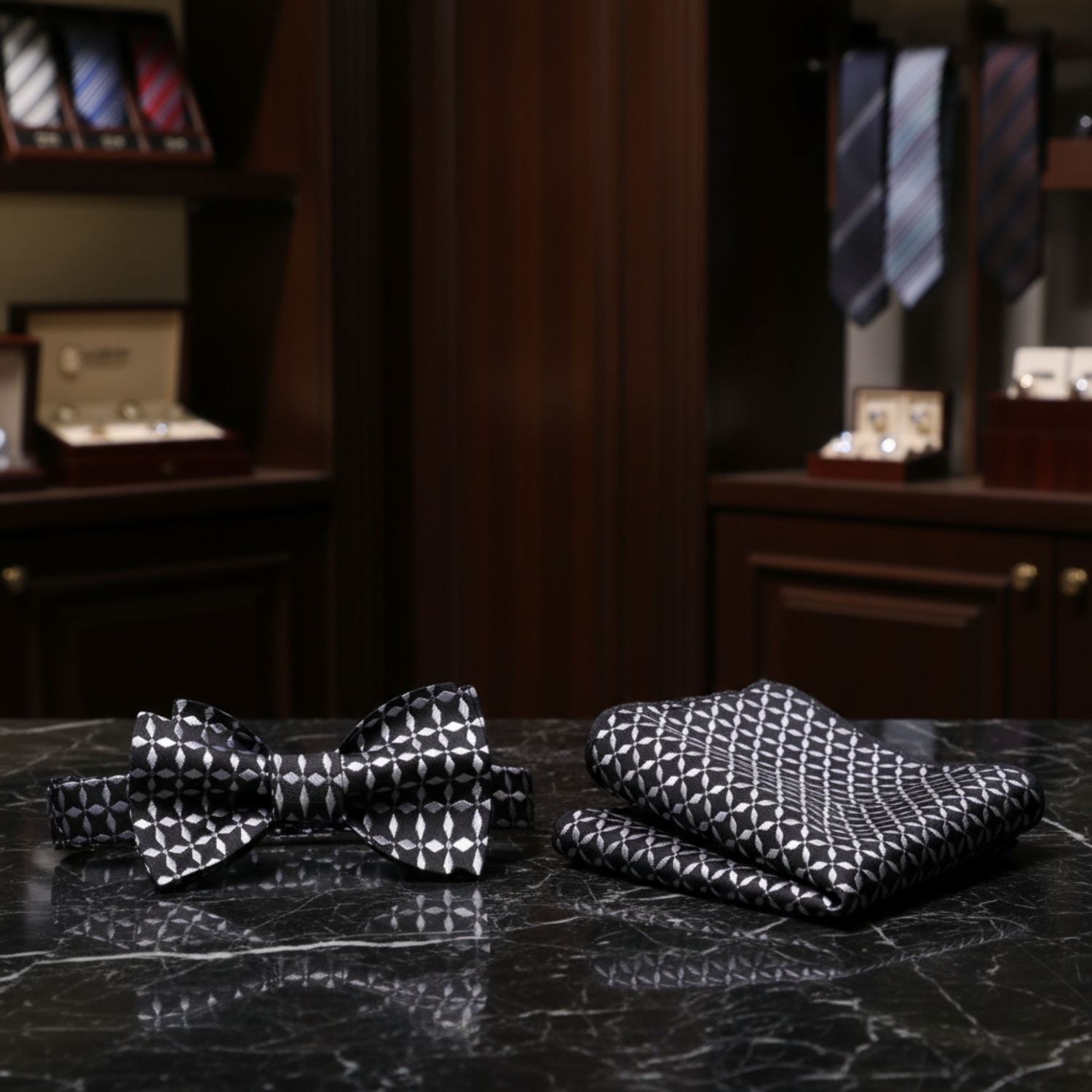 Black, Light Grey Geometric Bow Tie and Square