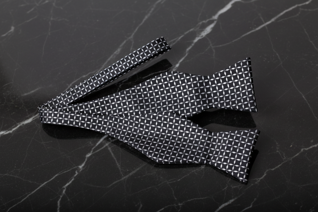 A Black With Grey Geometric X Pattern Self Tie Bow Tie