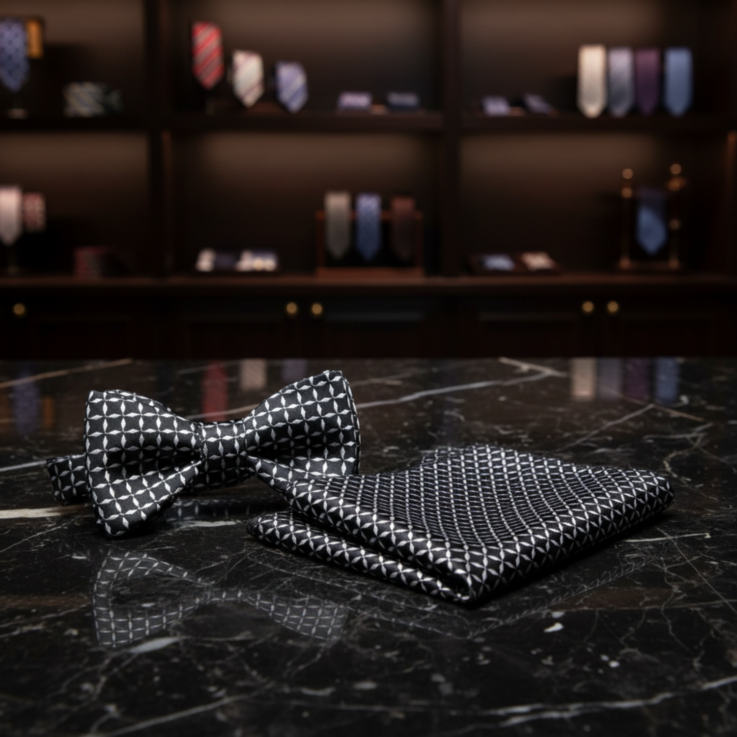 A Black With Grey Geometric X Pattern Self Tie Bow Tie, Matching Pocket Square