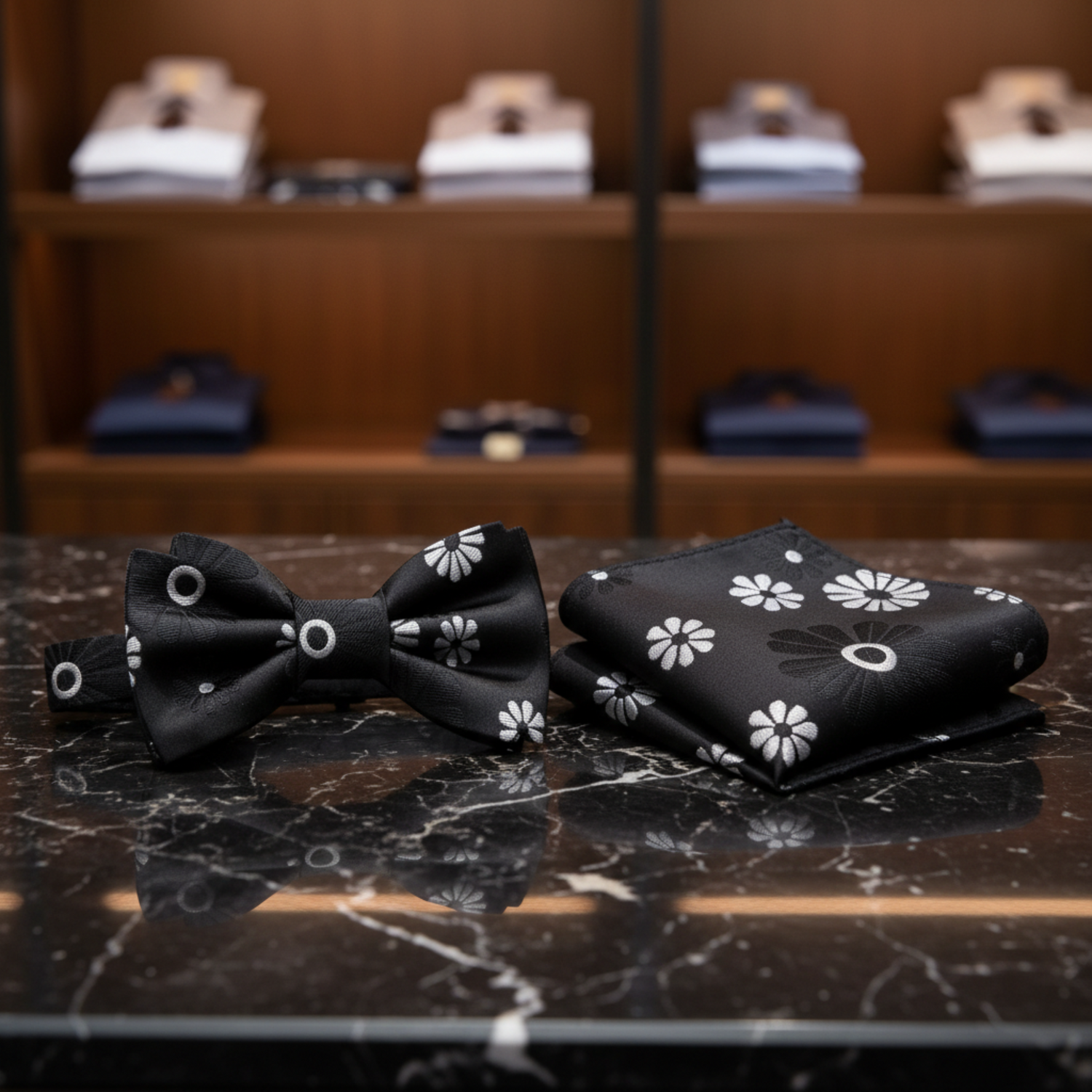 Black, Grey Cactus Flower Bow Tie and Square||Black, Grey