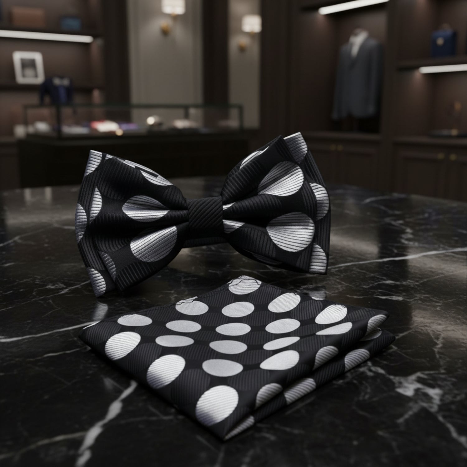 Black and white polka dot bow tie and pocket square set on a white background