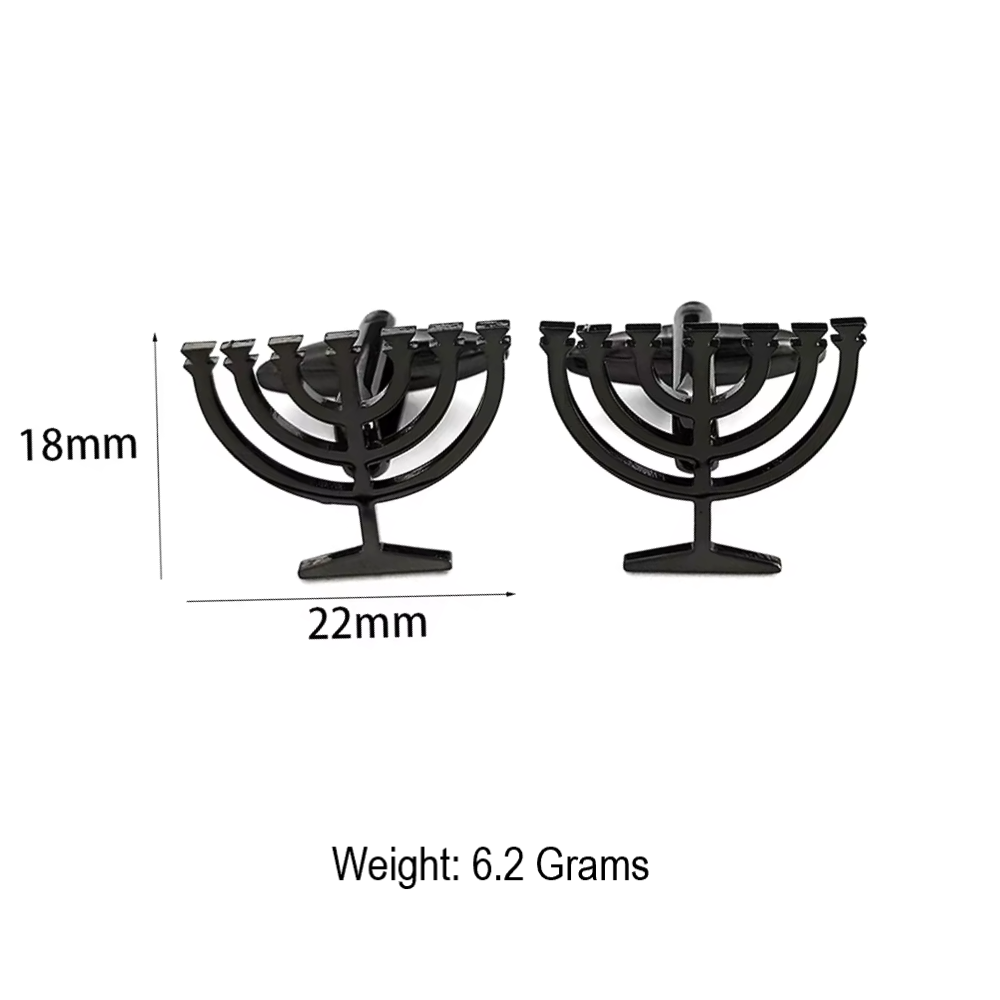 Two black metal candle holders with dimensions and weight information on a white background