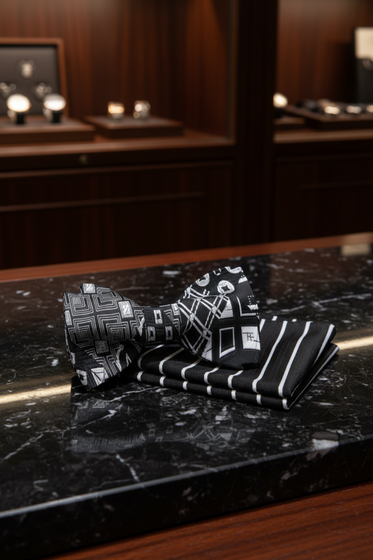 Black, Grey Abstract Bow Tie with Accenting Black and White Stripe Pocket Square
