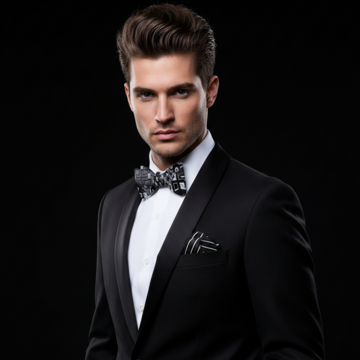 Man wearing a black tuxedo with a bow tie on a black background