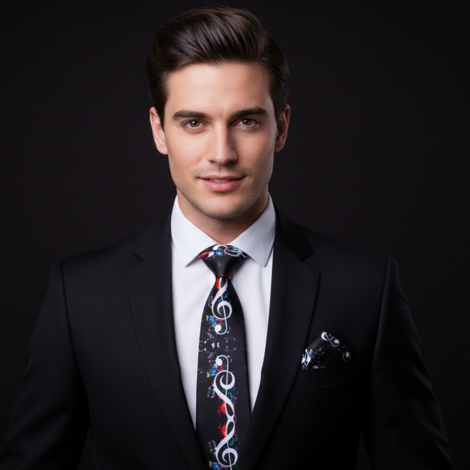 Man wearing a black suit with a colorful tie against a dark background