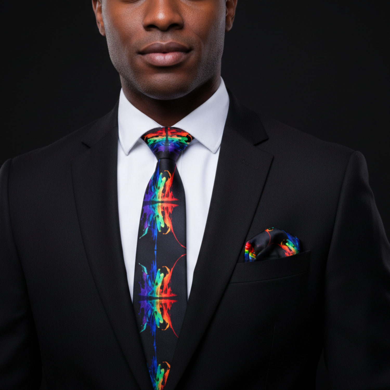 Man wearing a black suit with a colorful tie and pocket square against a black background