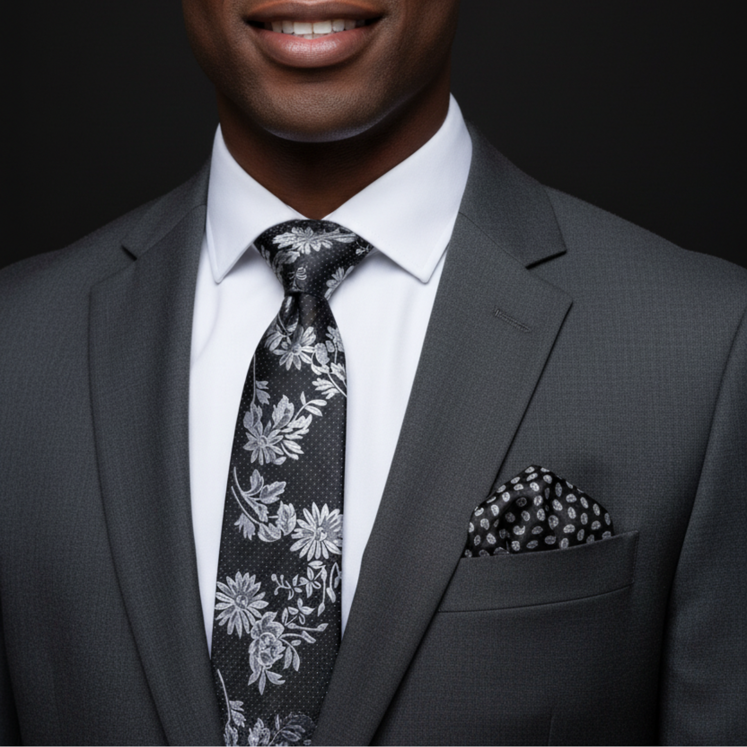 Black & Silver Floral Dot Necktie