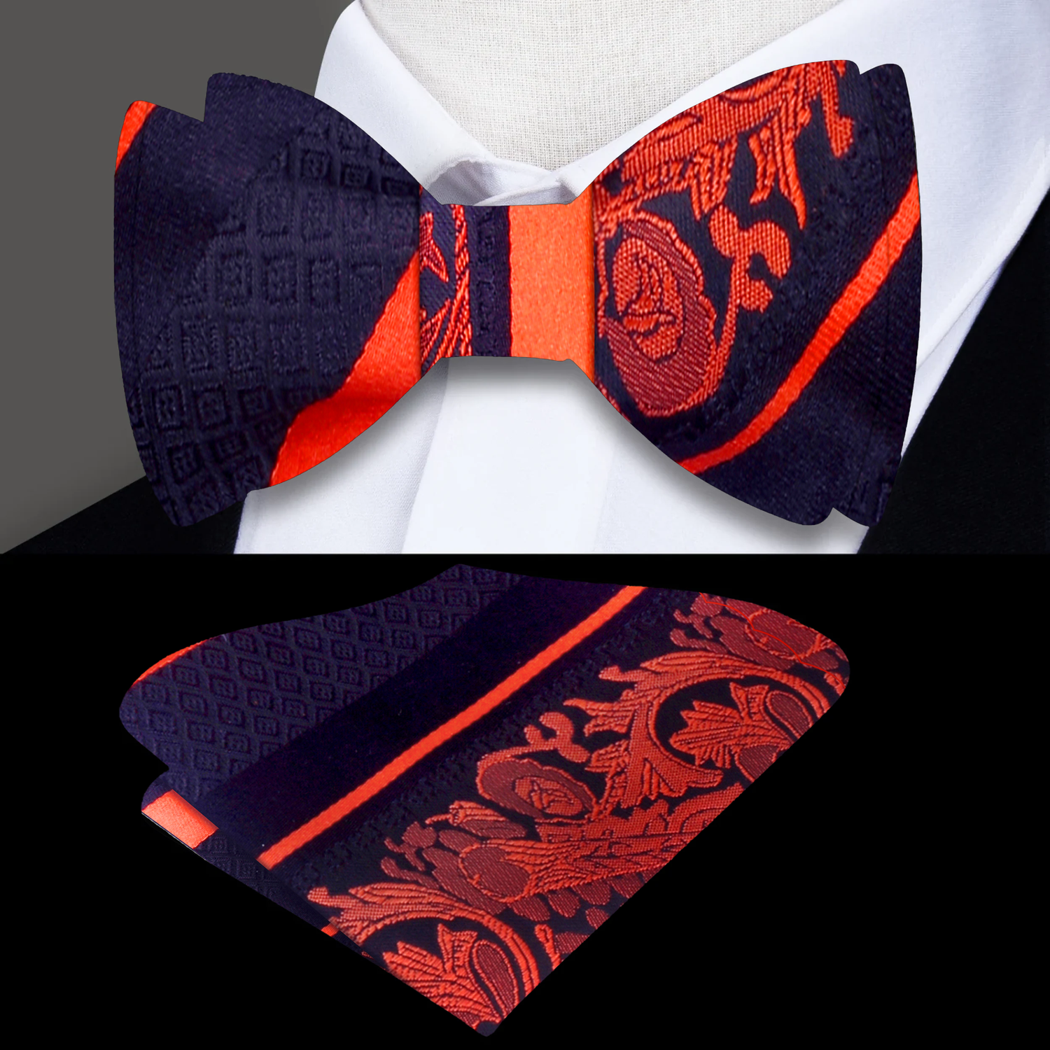 Black Orange Cadenza Bow Tie and Square