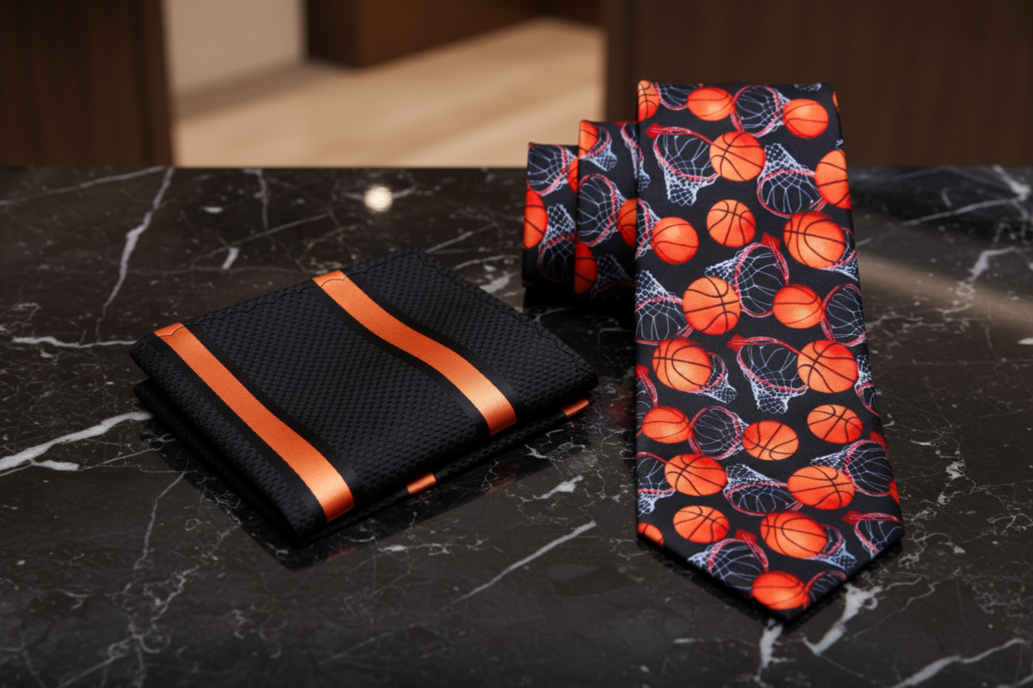 alt Black Orange Basketball Tie and Accenting Stripe Square