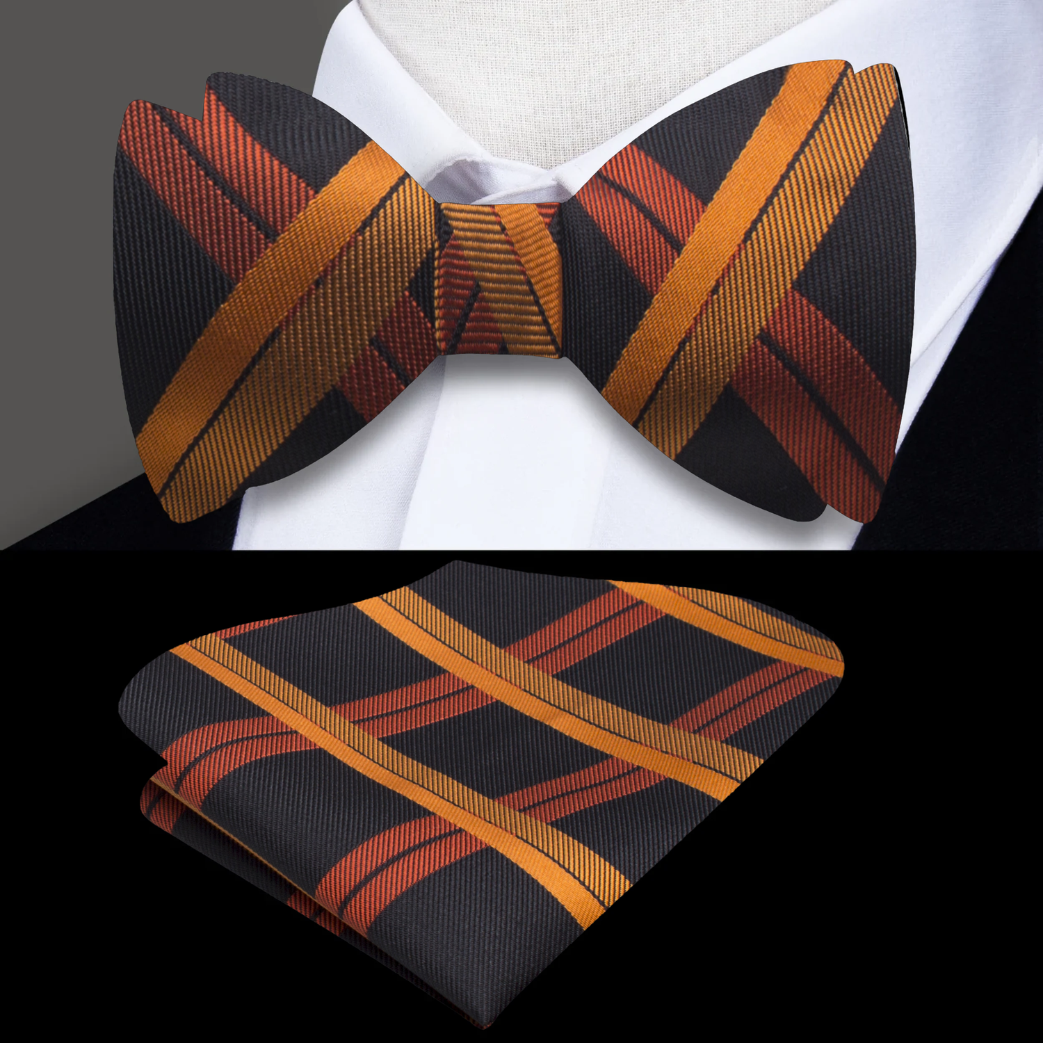 Black, Orange Plaid Bow Tie and Square