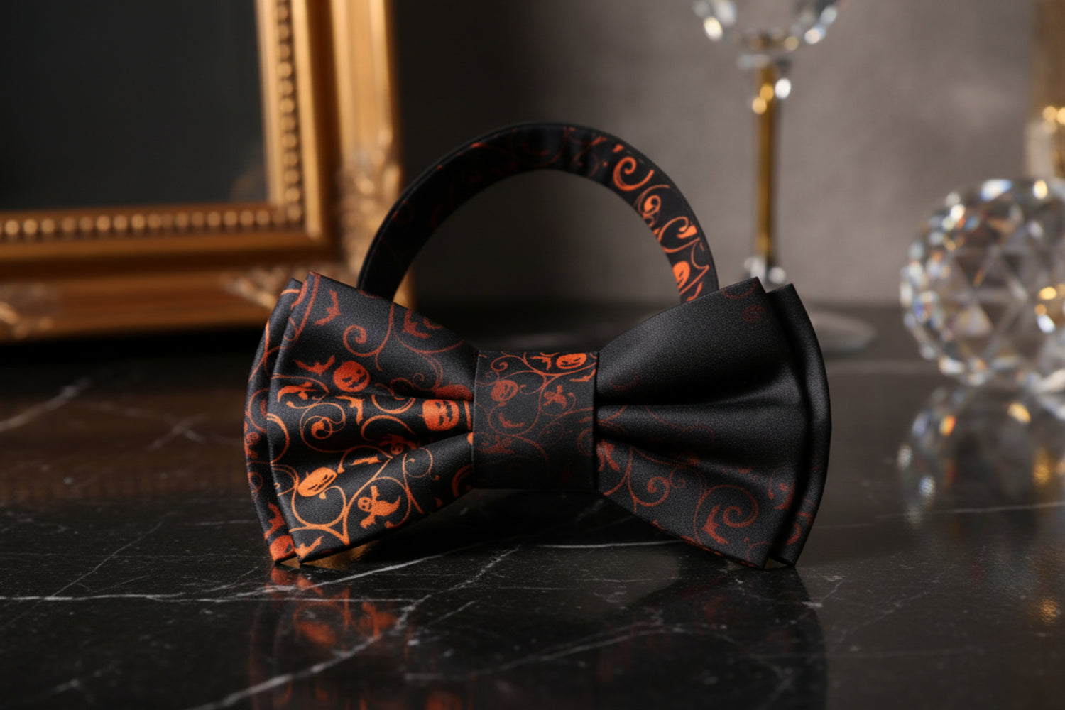 Black, Orange Vines Connecting Bats, Ghosts, And Jack-O-Lanterns Bow Tie Pre Tied