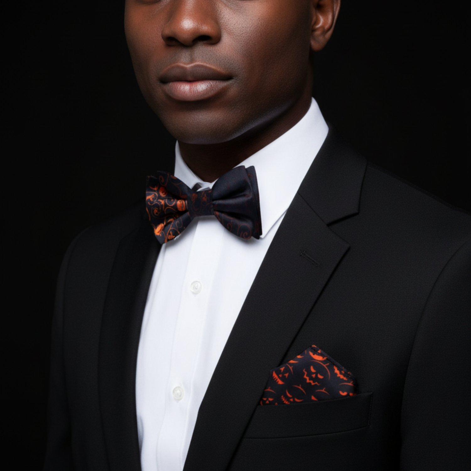 Man wearing a black suit with a patterned bow tie and pocket square on a black background