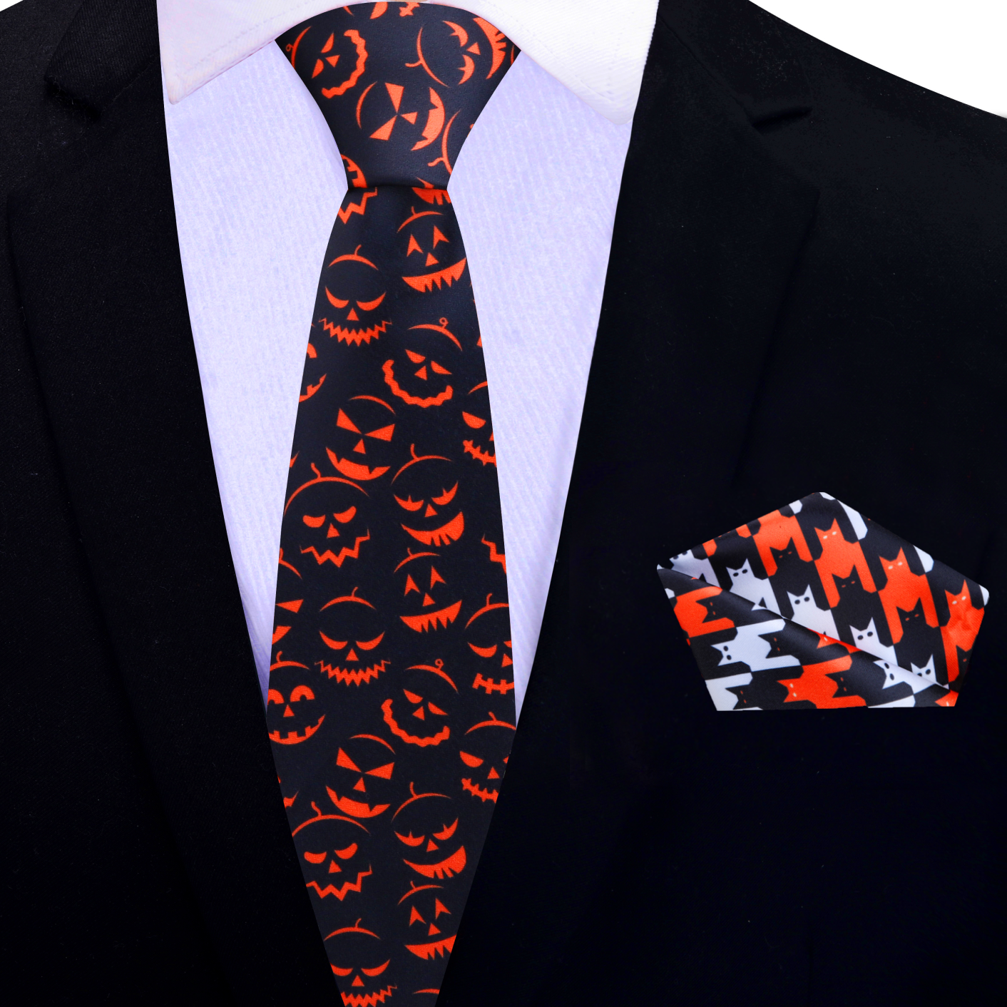 thin black orange jack o lantern thin tie and accenting square