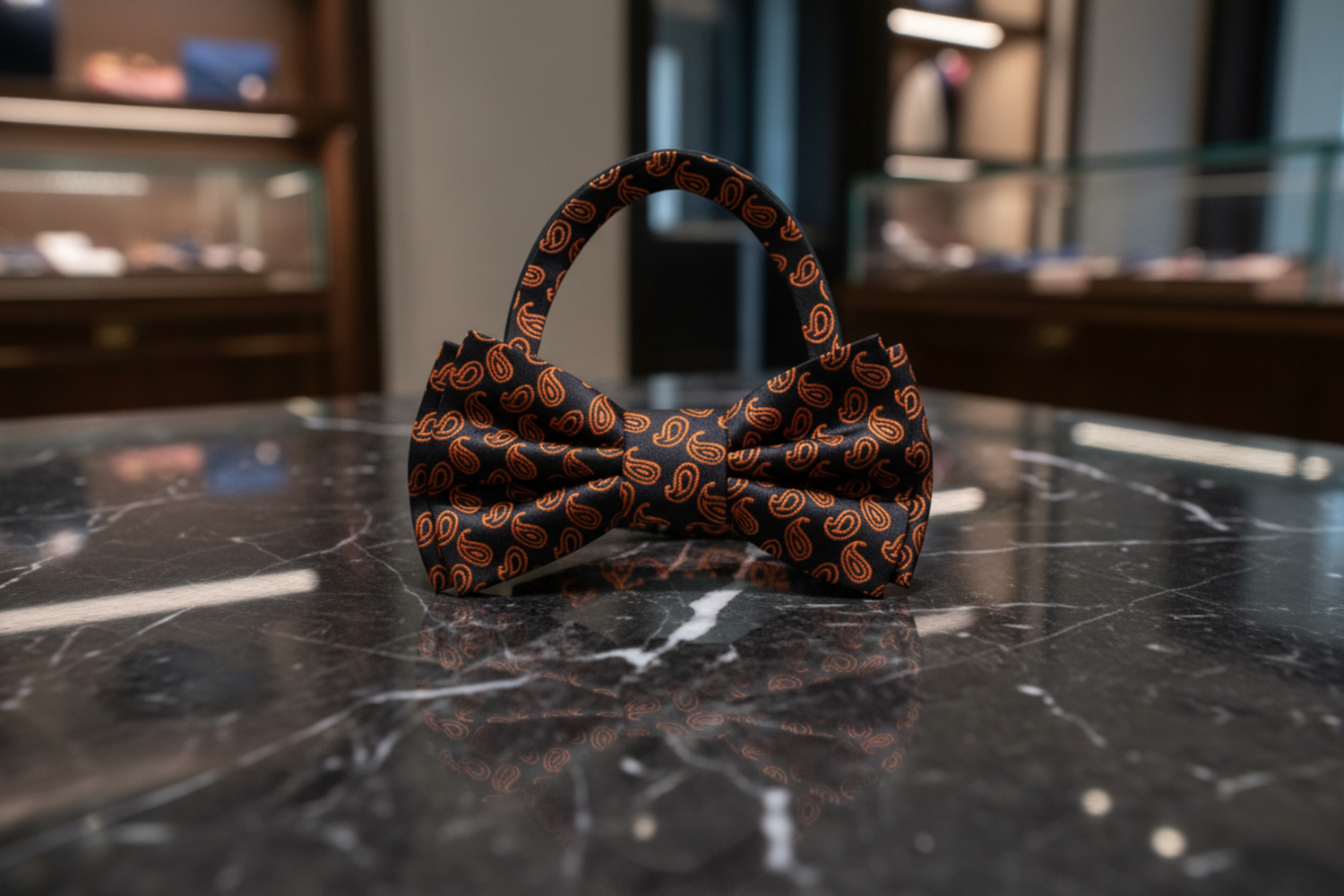Black Orange Paisley Bow Tie Pre Tied