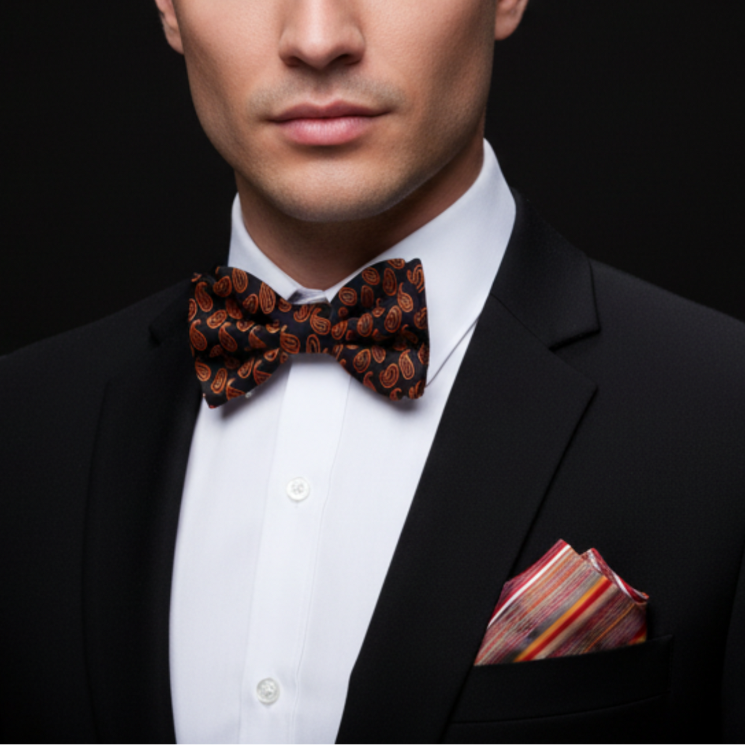Man wearing a black suit with a patterned bow tie and pocket square on a dark background