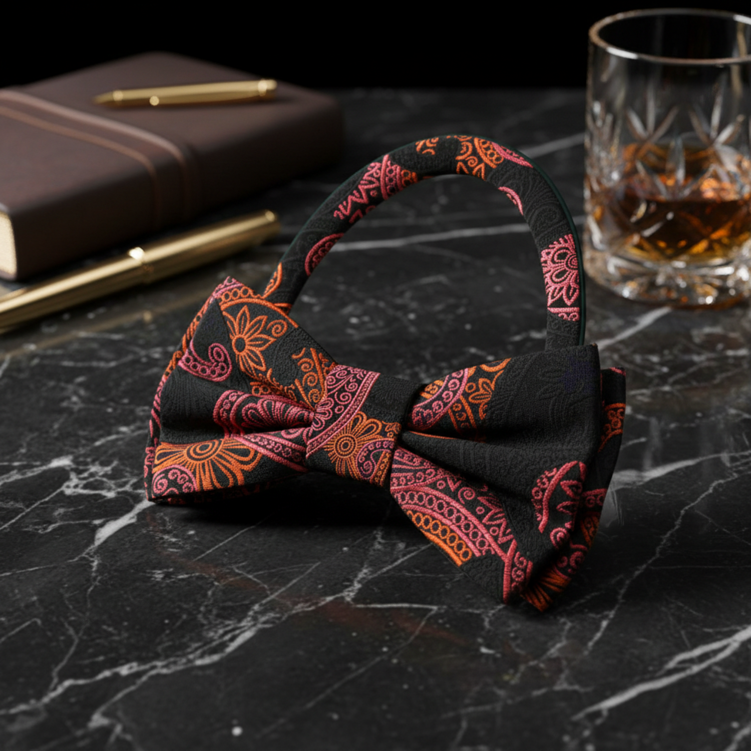 Black, Pink, Orange Paisley Bow Tie Pre Tied