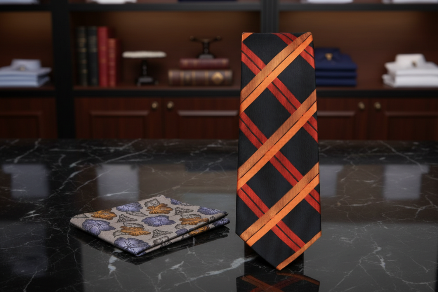 Black, Gold Plaid Necktie and Accenting Square