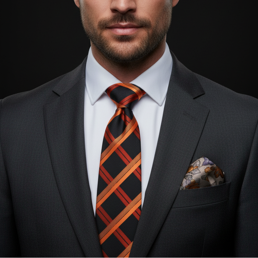 Man wearing a dark suit with a patterned tie and pocket square against a black background
