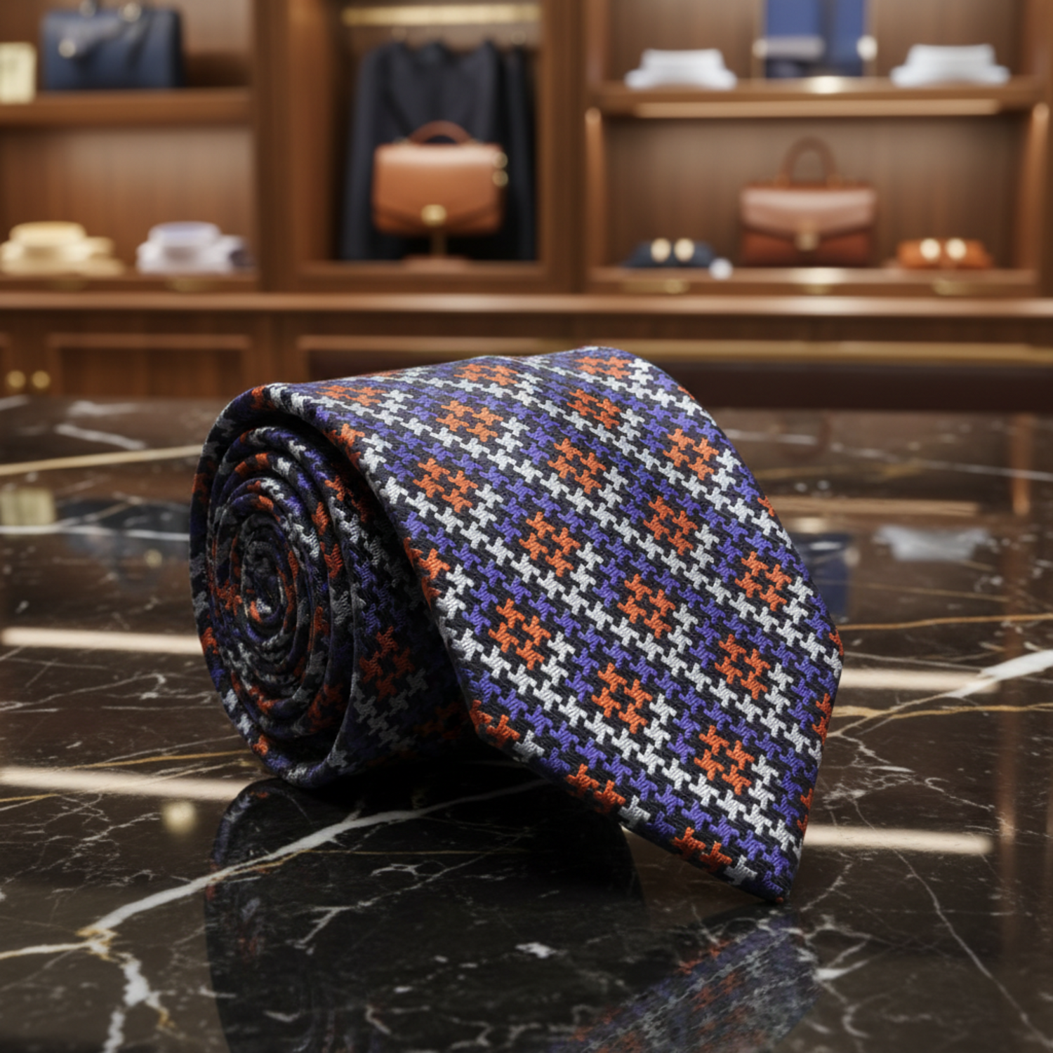 Black Orange Purple Blue Hounds Tooth Necktie