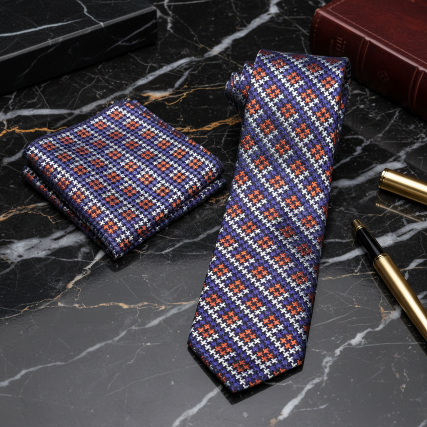 Alt Black Orange Purple Blue Hounds Tooth Necktie and Matching Square