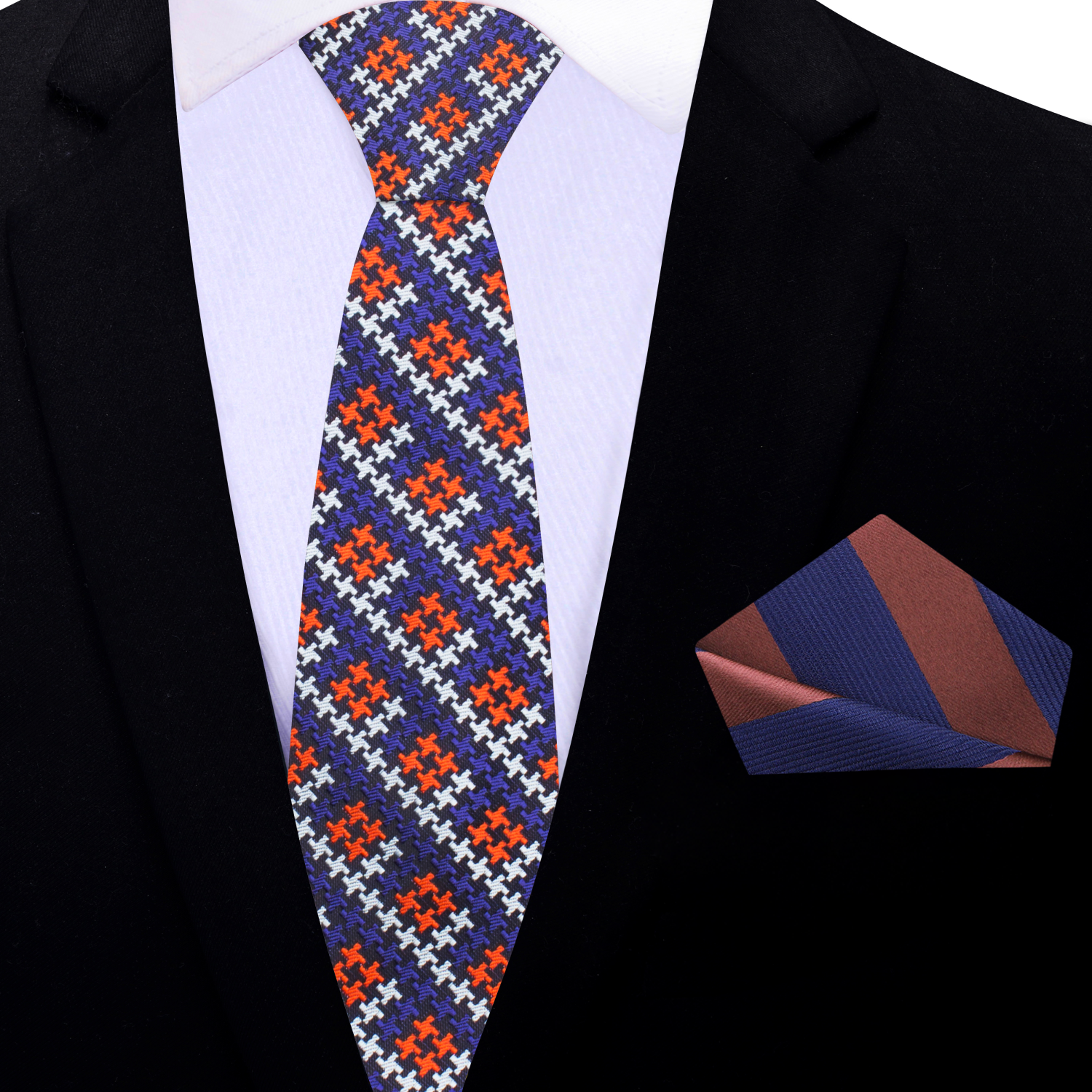 Thin Black Orange Purple Blue Hounds Tooth Necktie and Accenting Stripe Square