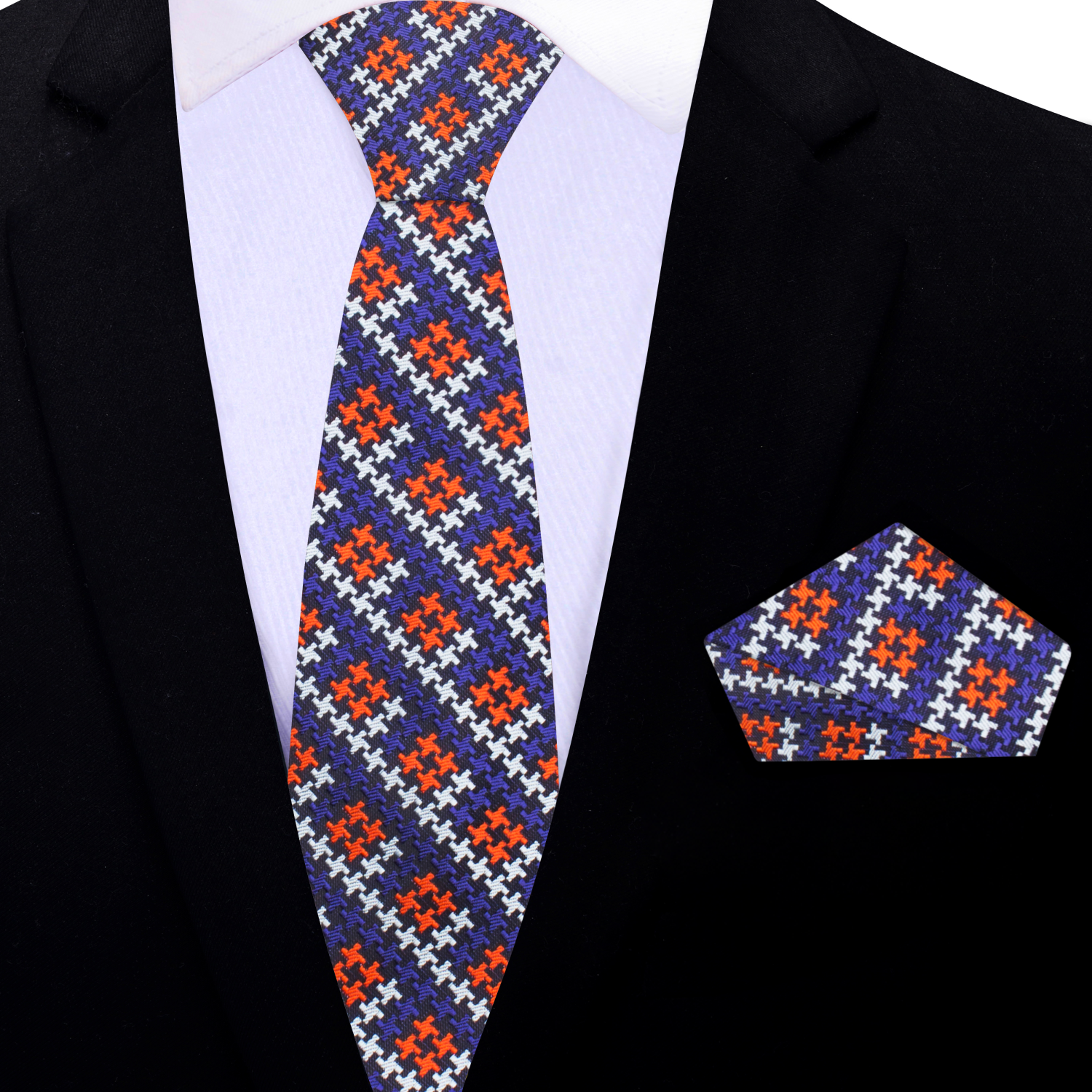 Thin Black Orange Purple Blue Hounds Tooth Necktie and Matching Square