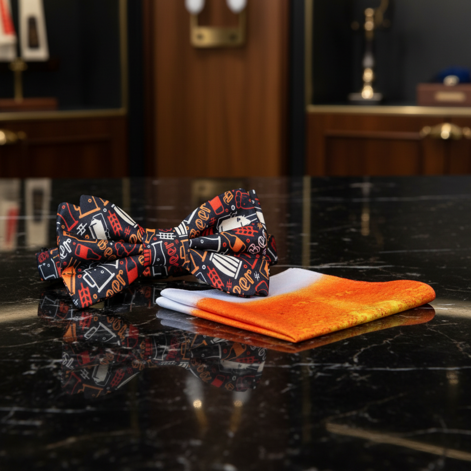 black red white and orange beer themed bow tie and accenting square