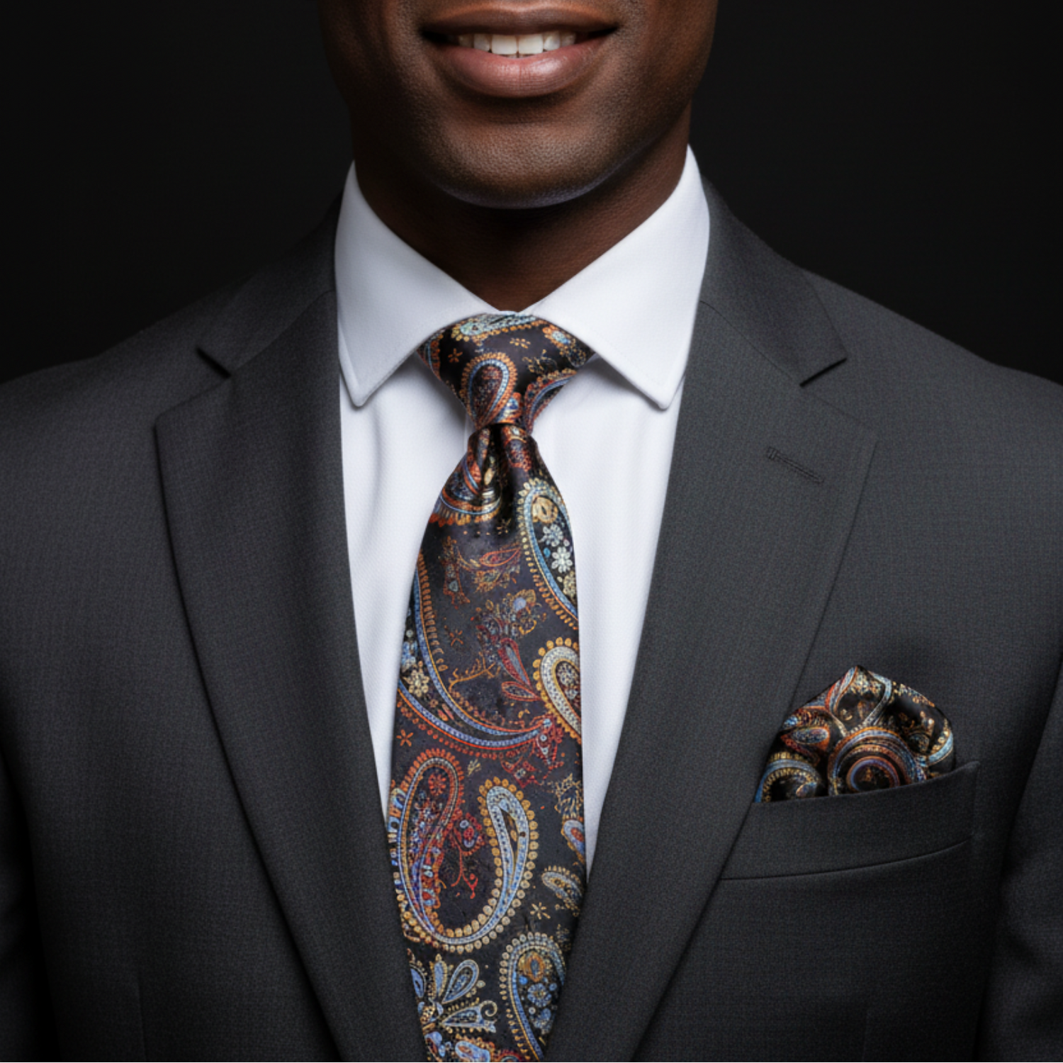 Man wearing a dark gray suit with a patterned tie and pocket square on a black background
