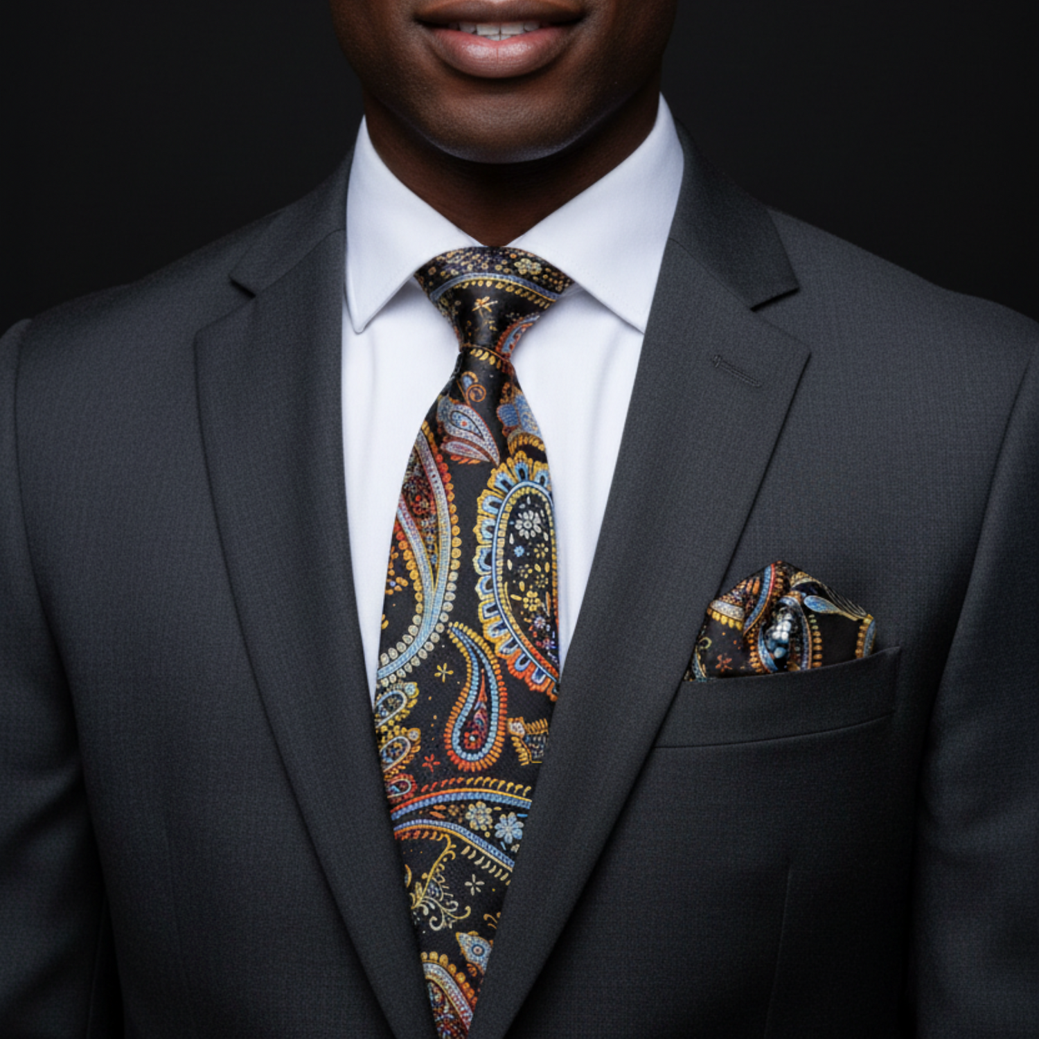 Man wearing a dark gray suit with a colorful paisley tie and pocket square on a black background