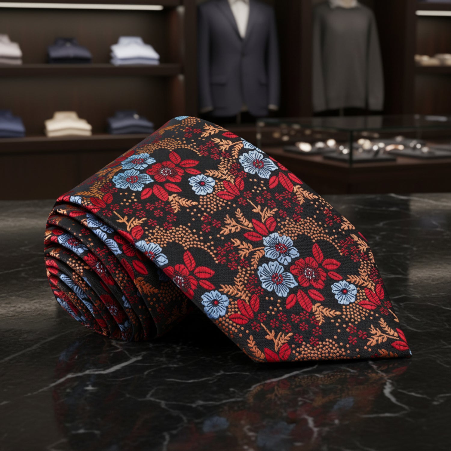 Red, Orange Blue Brown Floral Tie