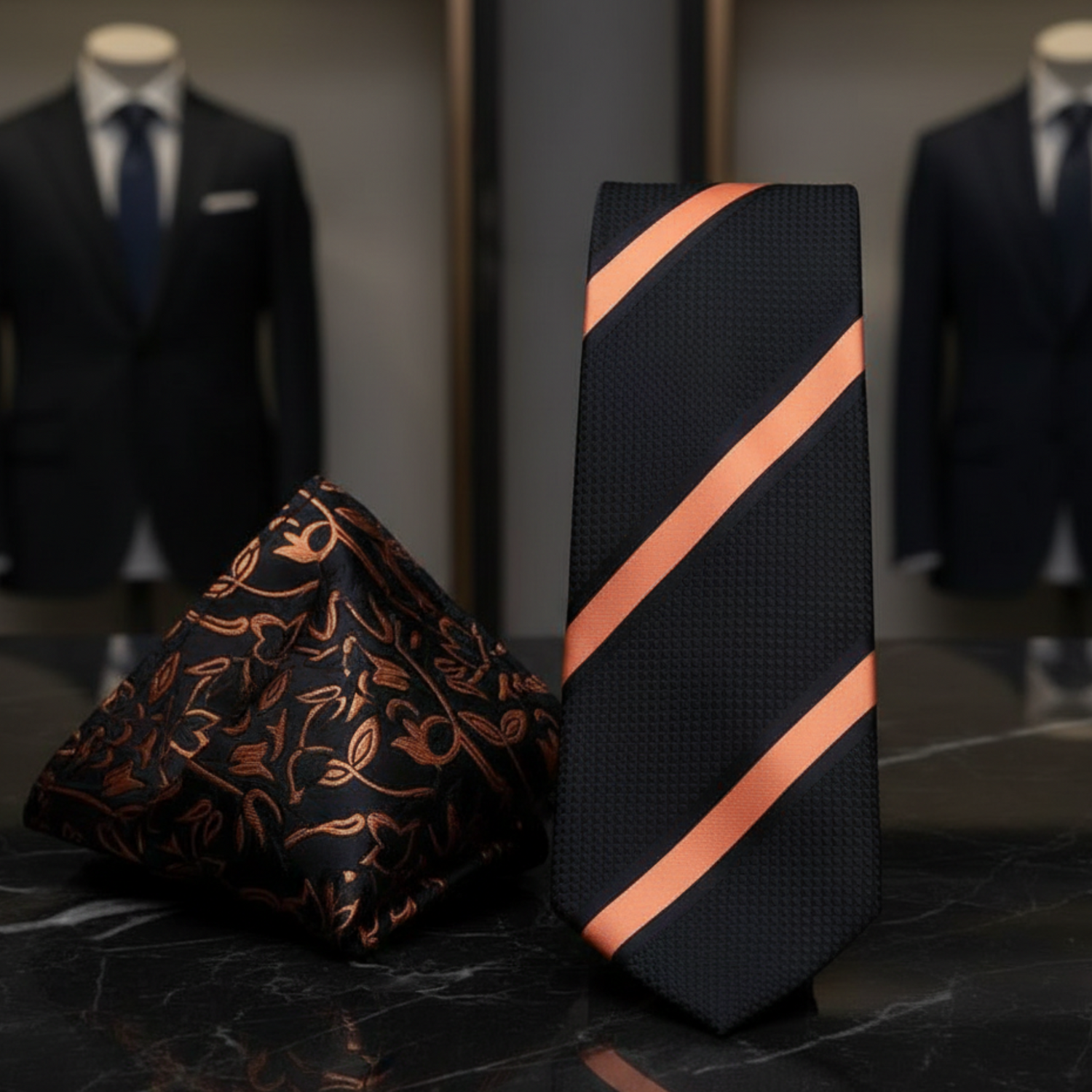 View 2: Black, Orange Stripe Tie and Black Orange Vines Square ||Black, Orange