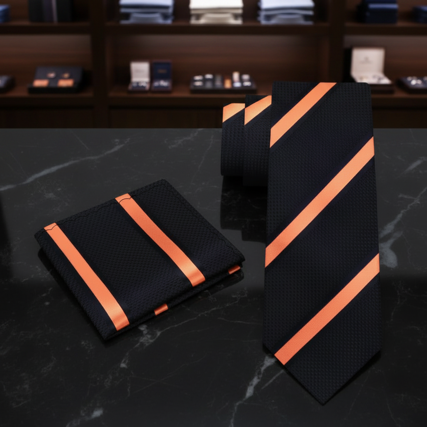 View 2: Black, Orange Stripe Tie and Matching Square ||Black, Orange
