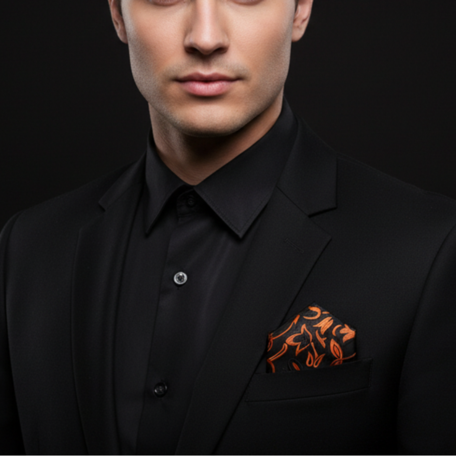 Man wearing a black suit with an orange pocket square against a dark background