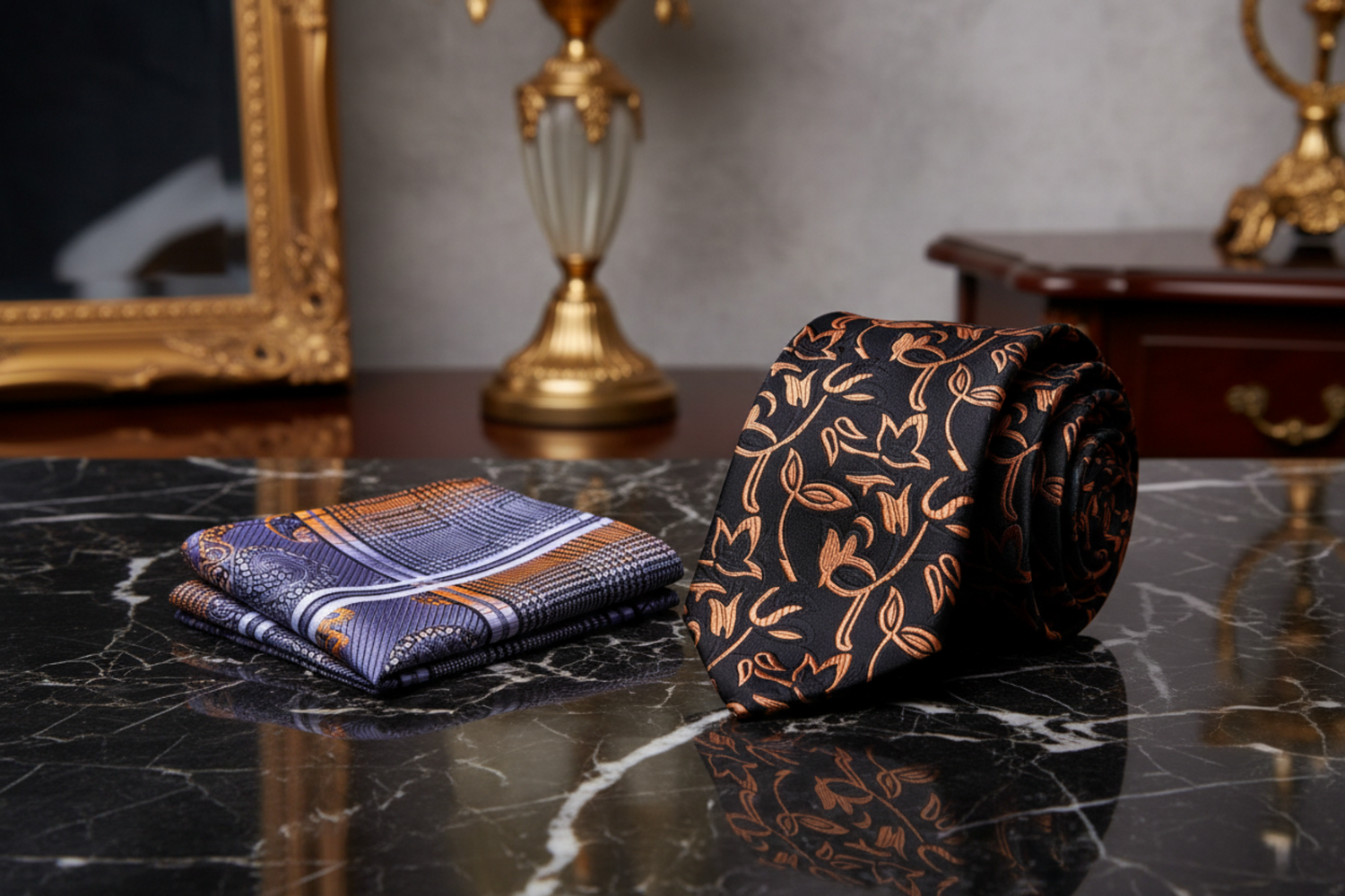 Alt Black, Orange Vines Tie and accenting Square