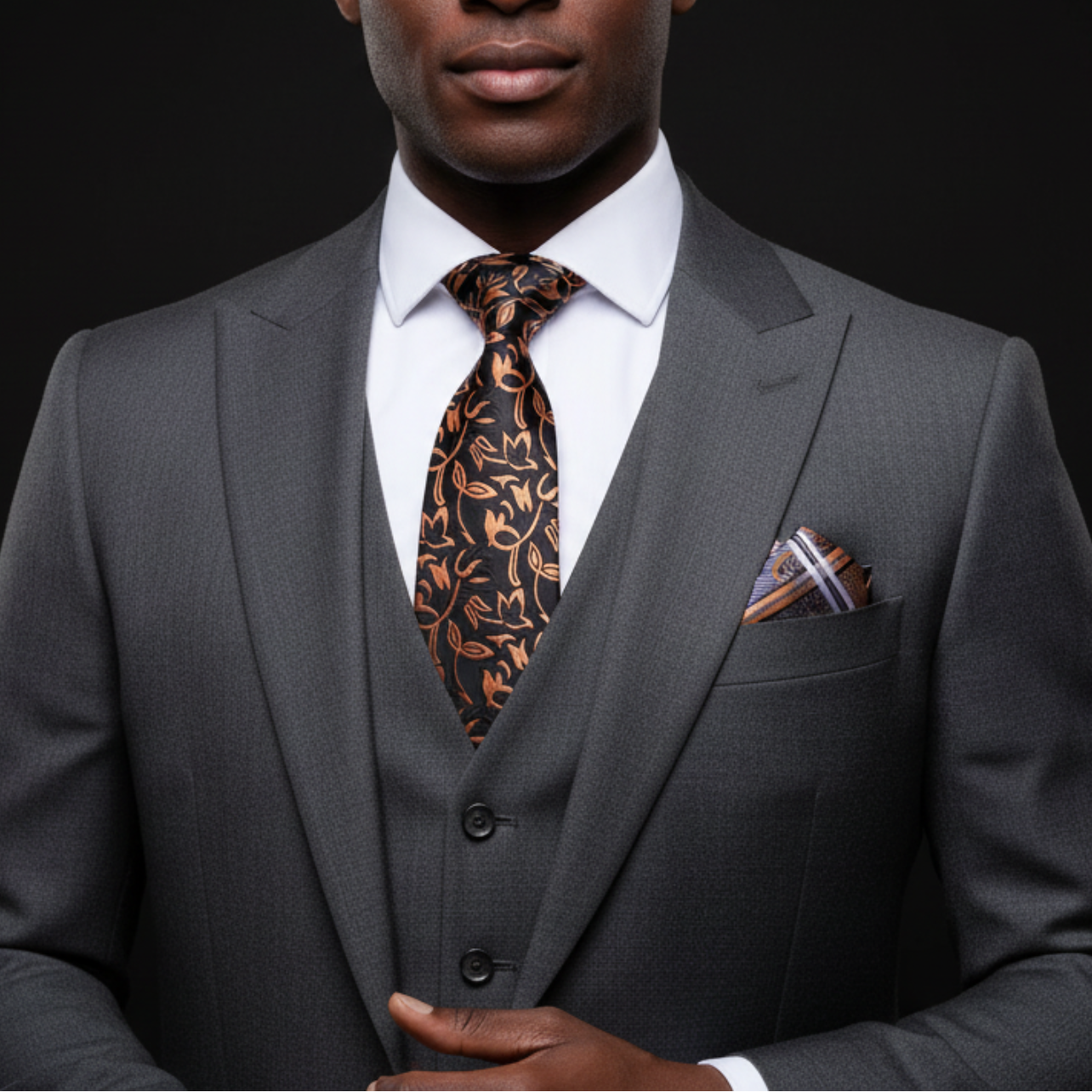 Man wearing a gray suit with a patterned tie against a black background
