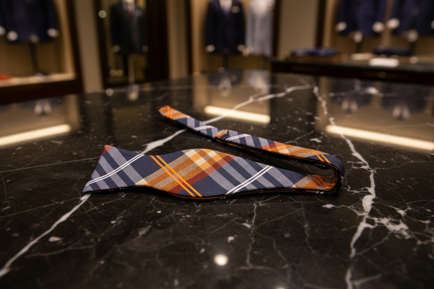 Black Orange White Accomplished Plaid Self Tie Bow Tie