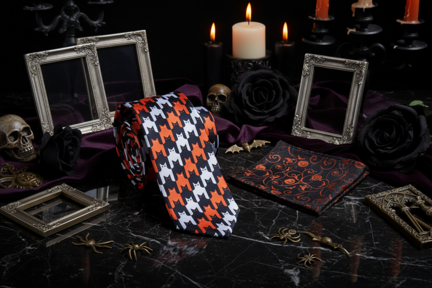 Alt Black, Orange and White Bats and Cats Necktie and Accenting Square